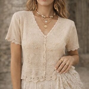 Vintage Womens Beige Embroidered Beaded Knit Cardigan Sweater Size S  Romantic